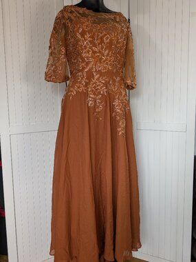 MU XIANG CHEN Copper Sequin Embroidered Mesh Gown Formal Dress Maxi Approx Small